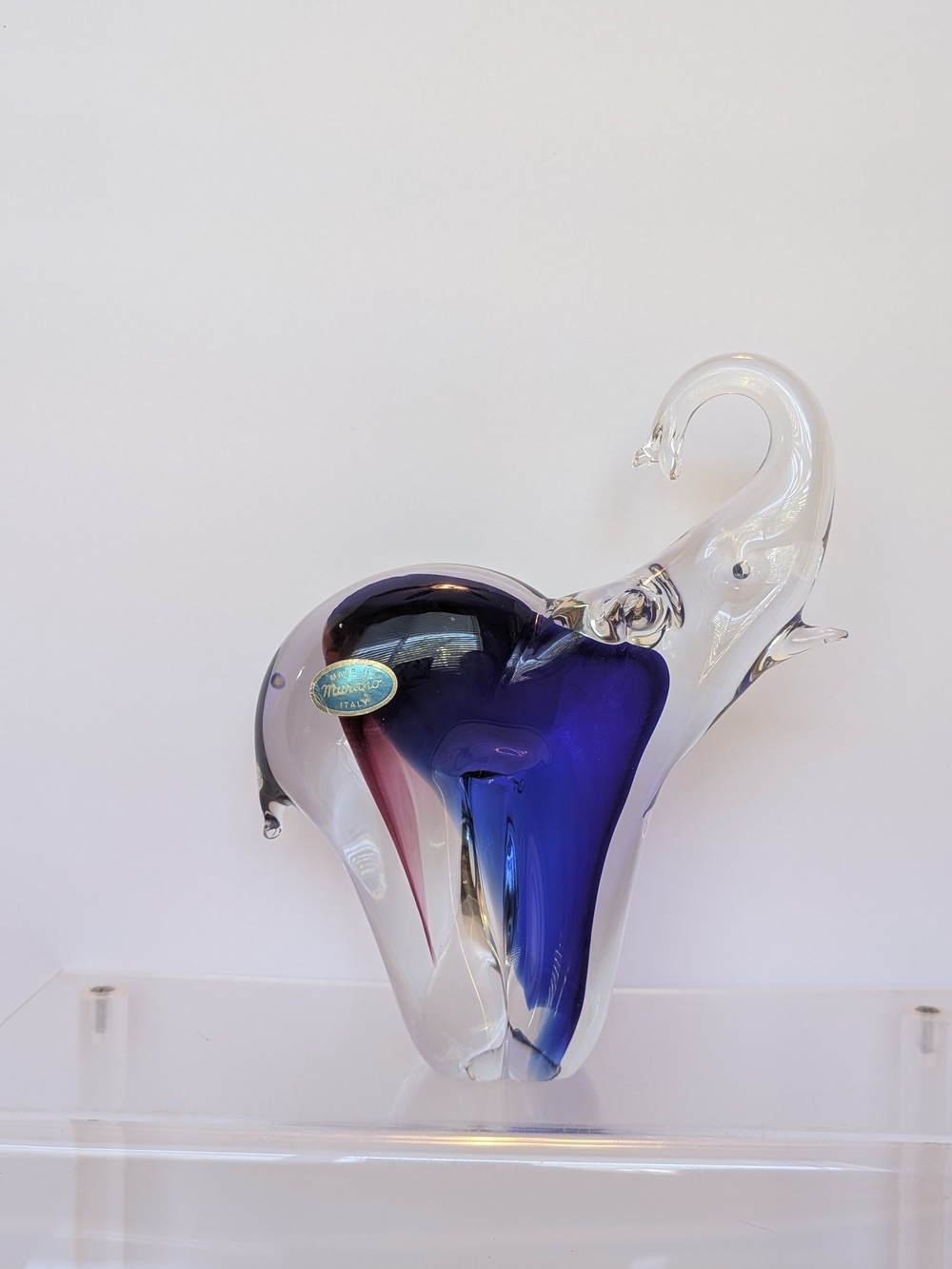 Murano Glass Elephant Sculpture - Clear with Deep Blue and Red Accents